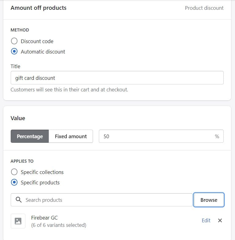 how to create discount to gift card product on Shopify