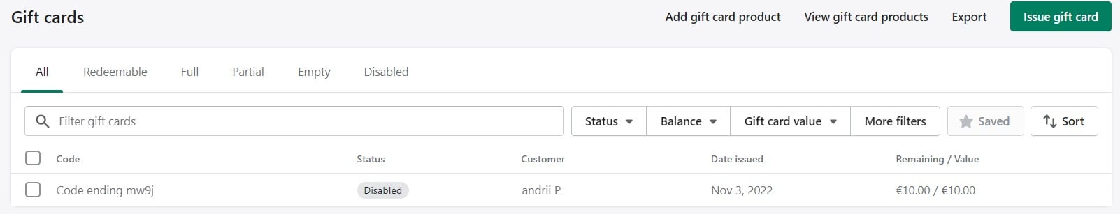 shopify gift cards: admin screen