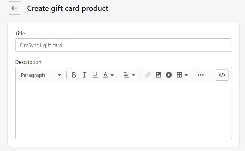 Shopify gift card product title and description