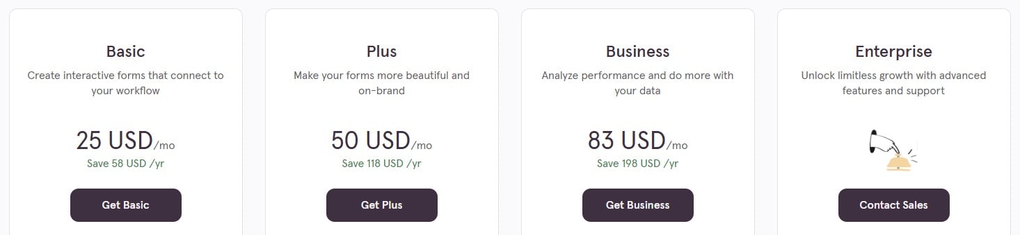 screenshot showing typeform pricing plans