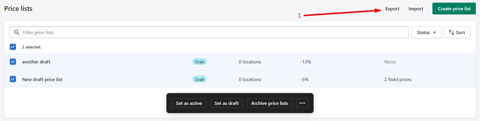add shopify price list export