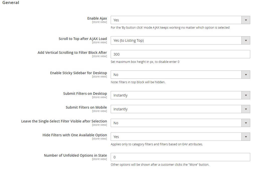 Magento 2 Elasticsearch Layered Navigation extension by Amasty: general settings