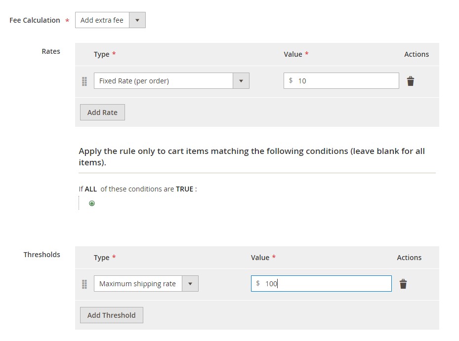 rates and thresholds section whn configuring a new Magento 2 surcharge with Mirasvit