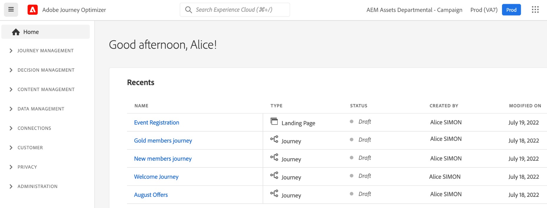 Adobe Journey Optimizer interface: Home and Recents