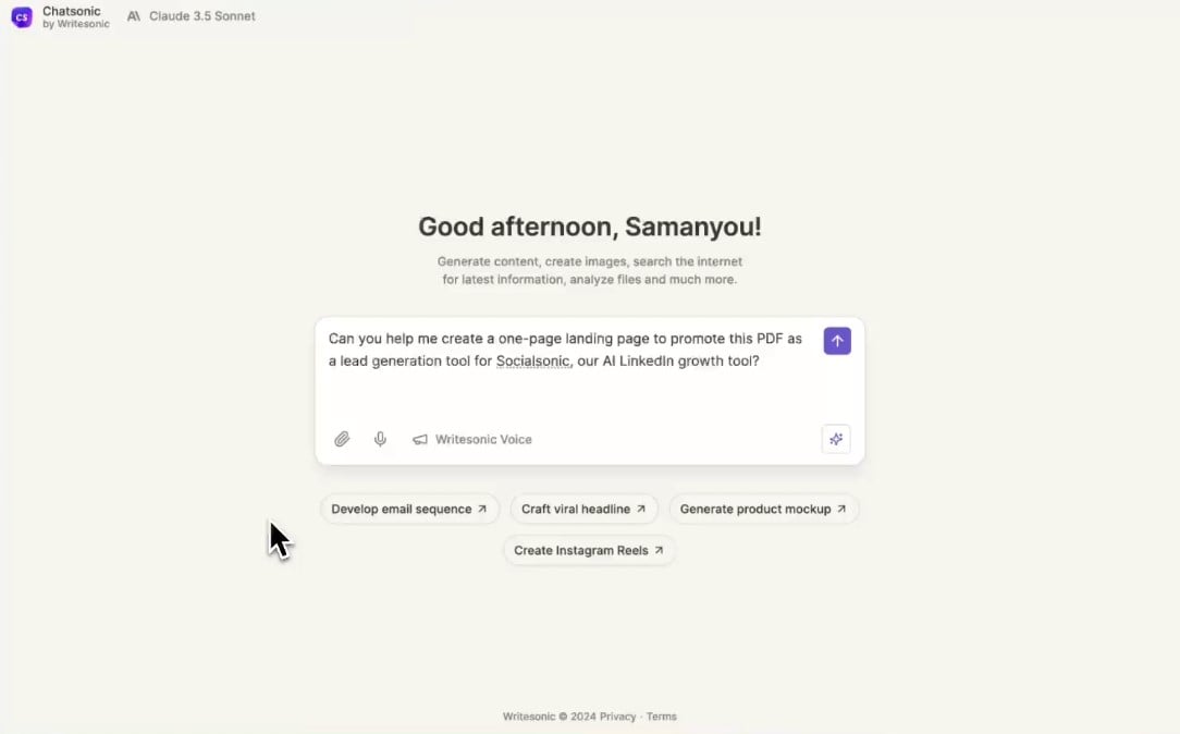 screenshot of the chatsonic start screen - a product from the writesonic AI ecosystem