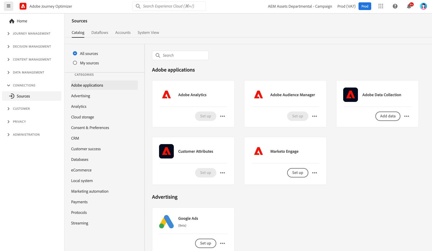 Adobe Journey Optimizer interface: connections -> sources