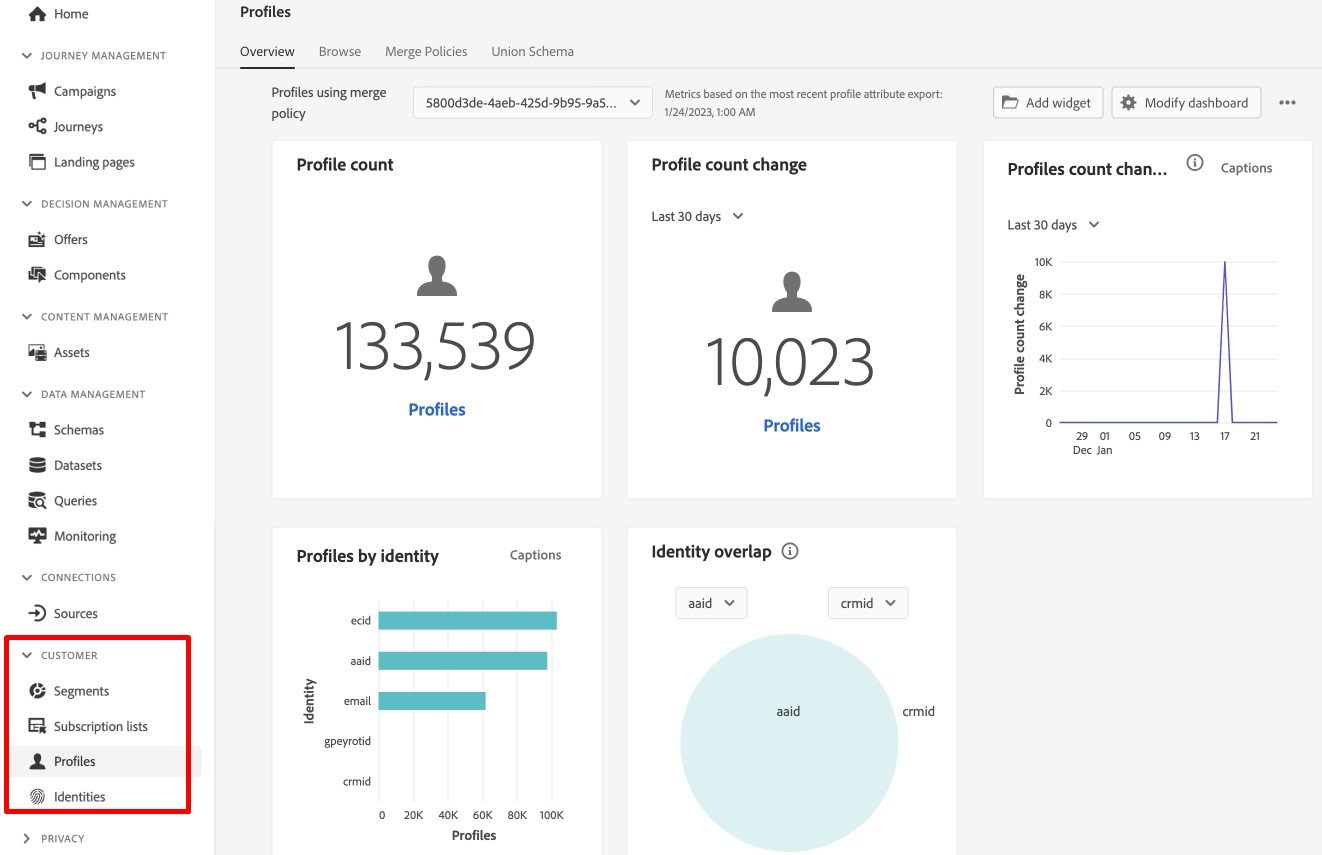 Adobe Journey Optimizer interface: customer profiles