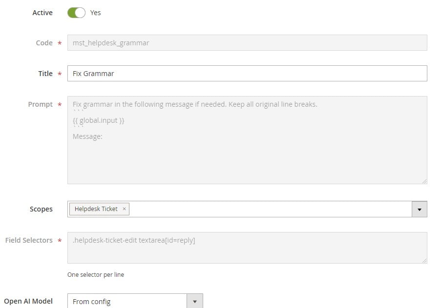 Prompt configuration example for magento 2 ai extension