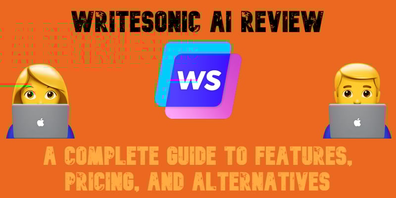 illustrative image for writesonic AI review with writesonic icon, emojis and text