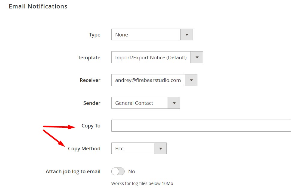 CC & BCC email notifications, Magento 2 import & export