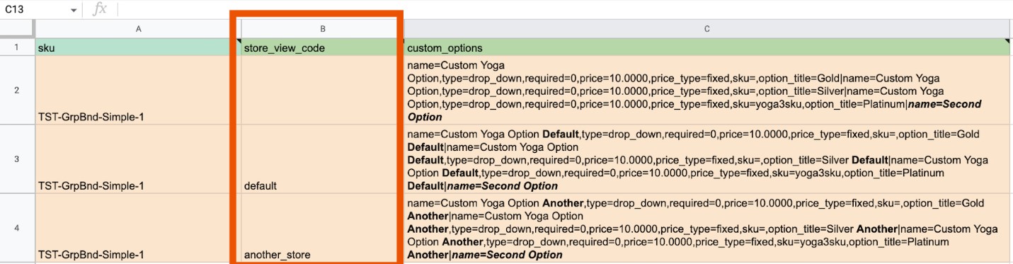 table to import unique product custom option titles per store view in magento 2