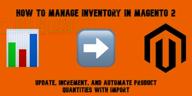illustrative image for the How to Manage Inventory in Magento 2 Guide with emojis, magento logo, and text on orange background
