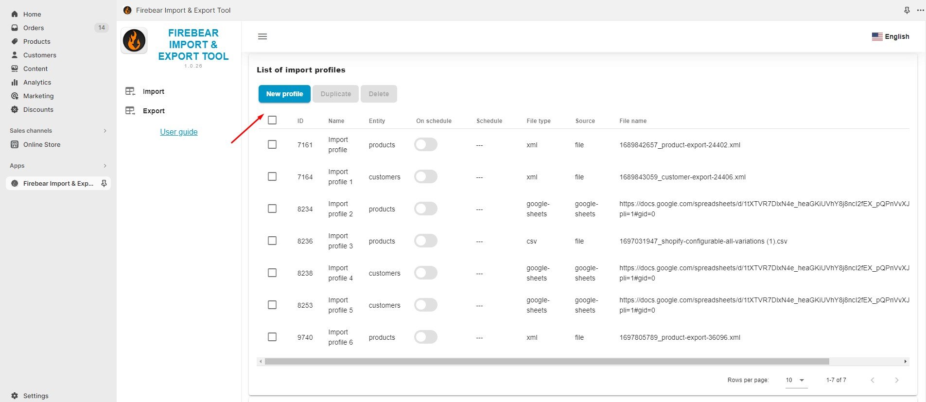 create new profile for Shopify product import from URL, customer import