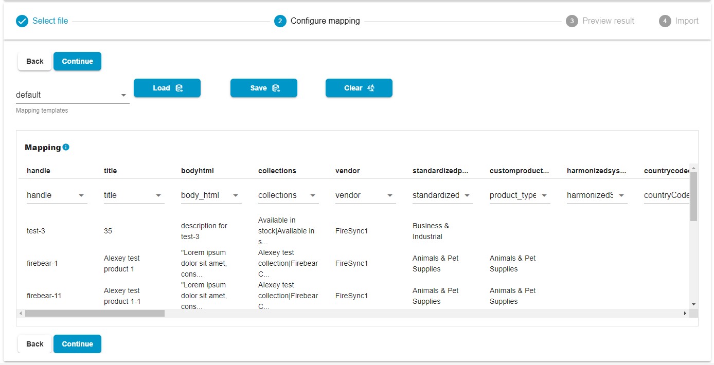 configure mapping for Shopify product import from URL, customer import