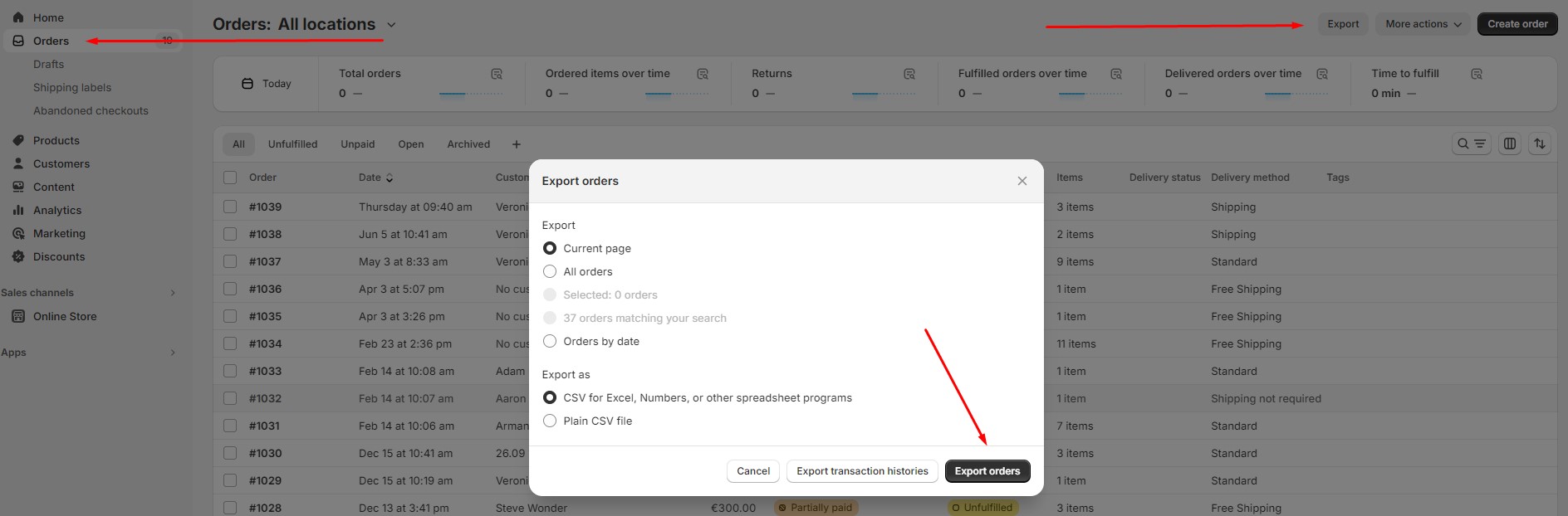 shopify export orders: default export screen
