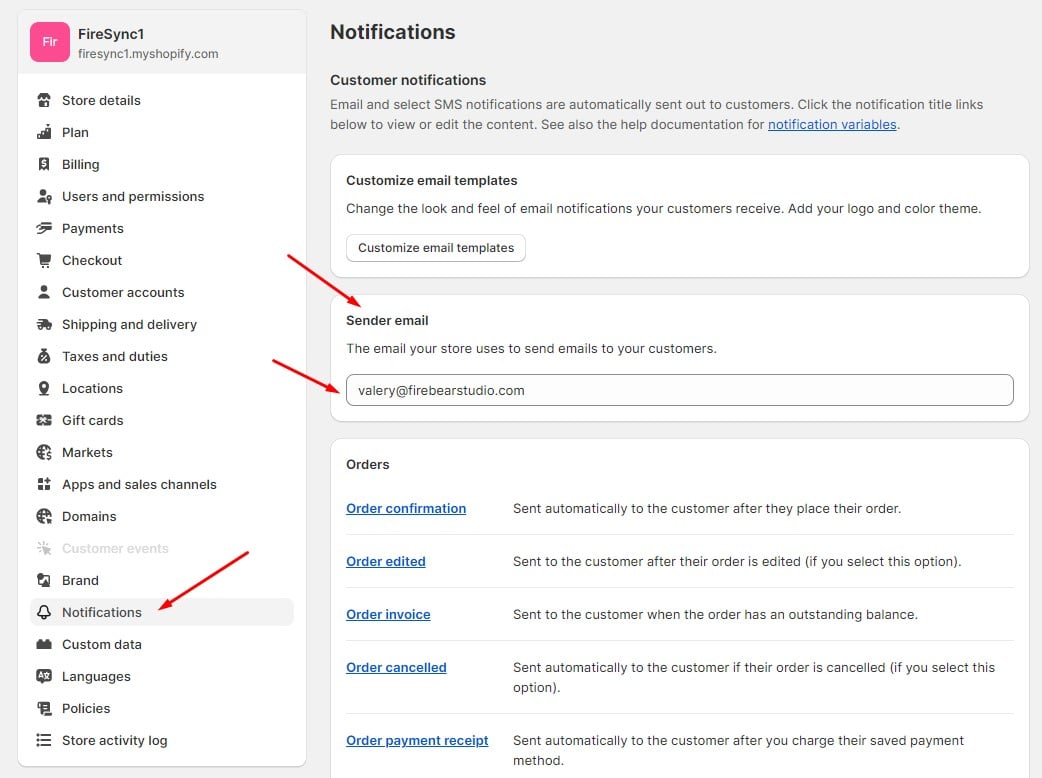 change sender email for Shopify email notifications