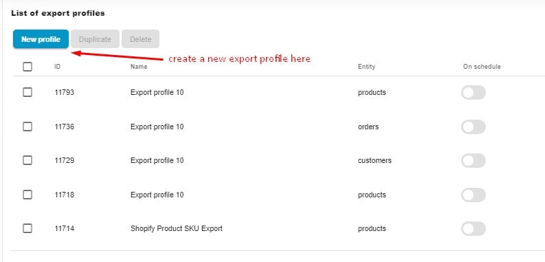 Export Metafield Shopify: Add new export profile