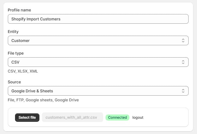 Shopify Import Customers with Import & Export Tool: select entity, file type and source