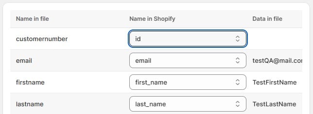 screenshot showing Shopify customer import mapping with Import & Export tool