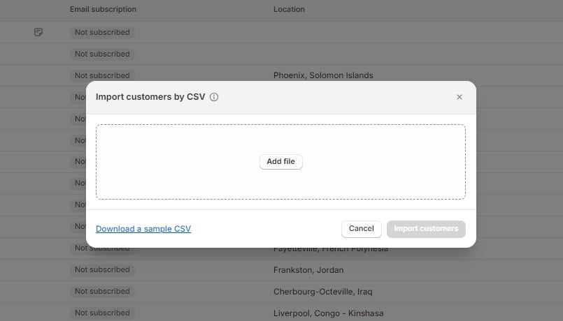 default Shopify customer import : select file