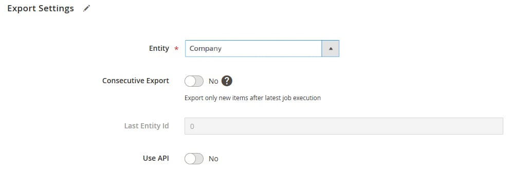 magento b2b export settings: entity selection for b2b company data export