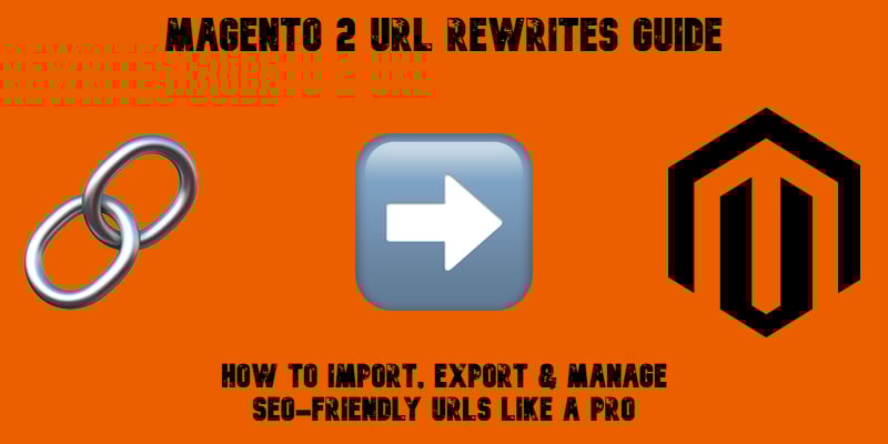illustrative image for the Magento 2 URL Rewrites Guide with emojis, magento logo, and text on orange background