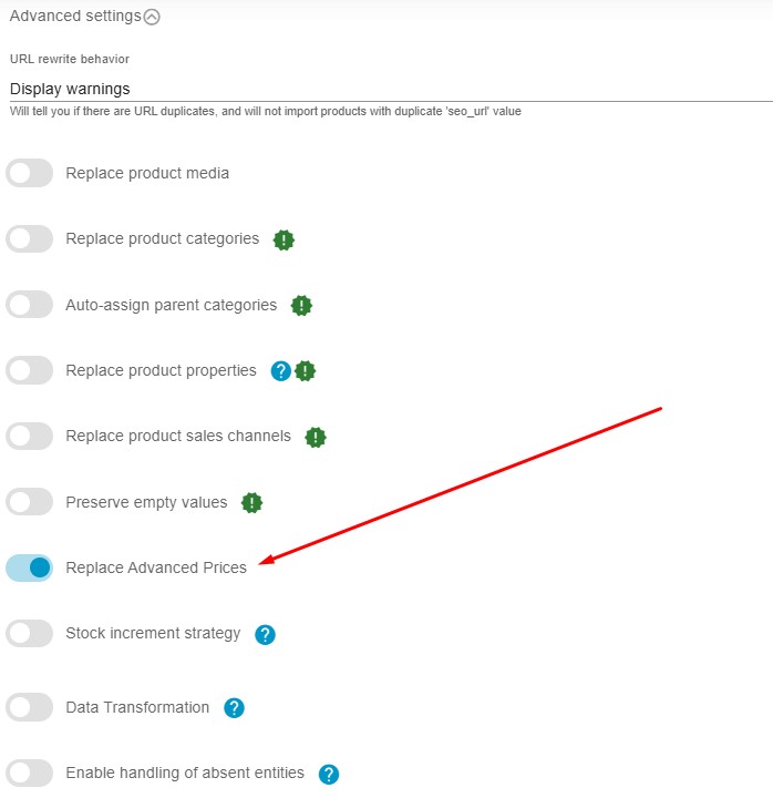 Replace Advanced Prices Shopware 6 product import toggle in advanced settings of improved import, export & mass actions app