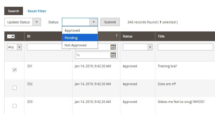 screenshot showing how to change product review status for multiple reviews in bulk in the Magento 2 admin on the product reviews screen
