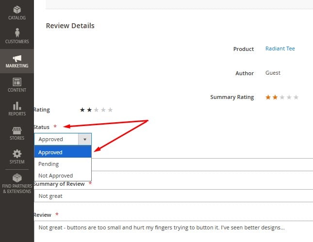 Magento 2 product review detailed view in the admin with review status dropdown