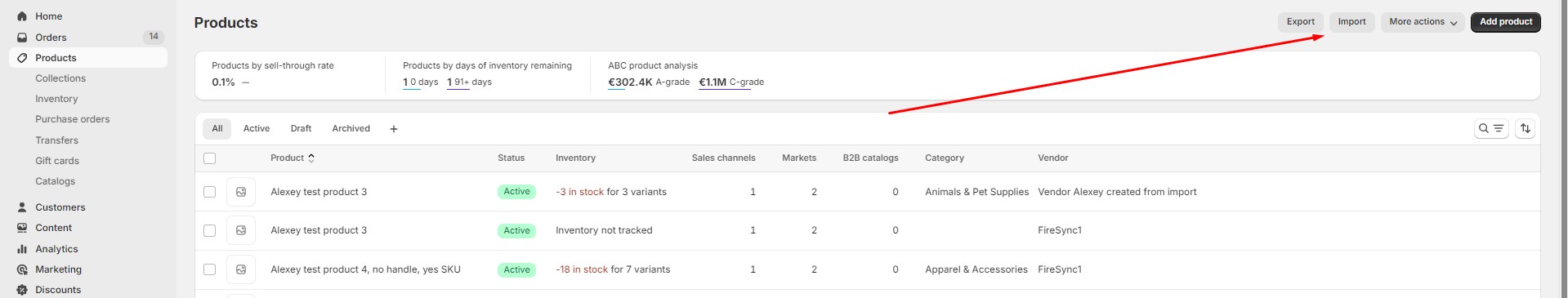 shopify product import on a product screen in admin