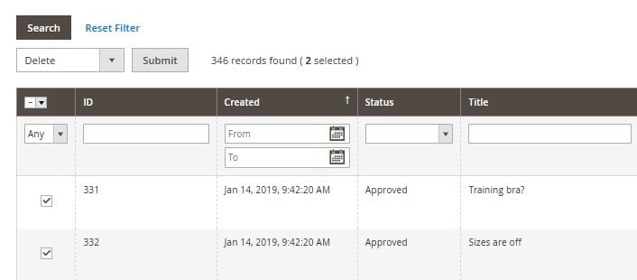 screenshot showing how to delete magento 2 product reviews in bulk