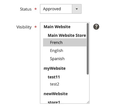 screenshot showing how to edit product review visibility in Magento 2 admin on the review's edit screen