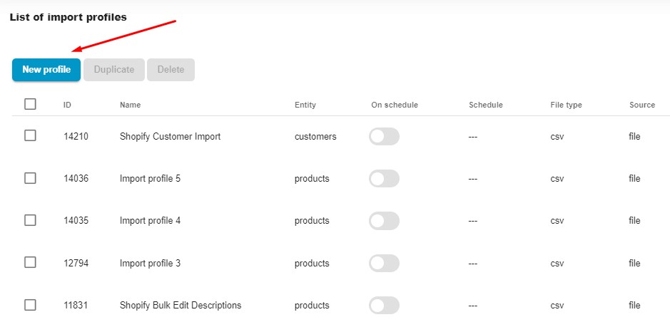 Create a new shopify product import profile