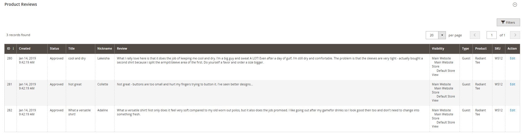 screenshot of product reviews per product in the Magento 2 admin