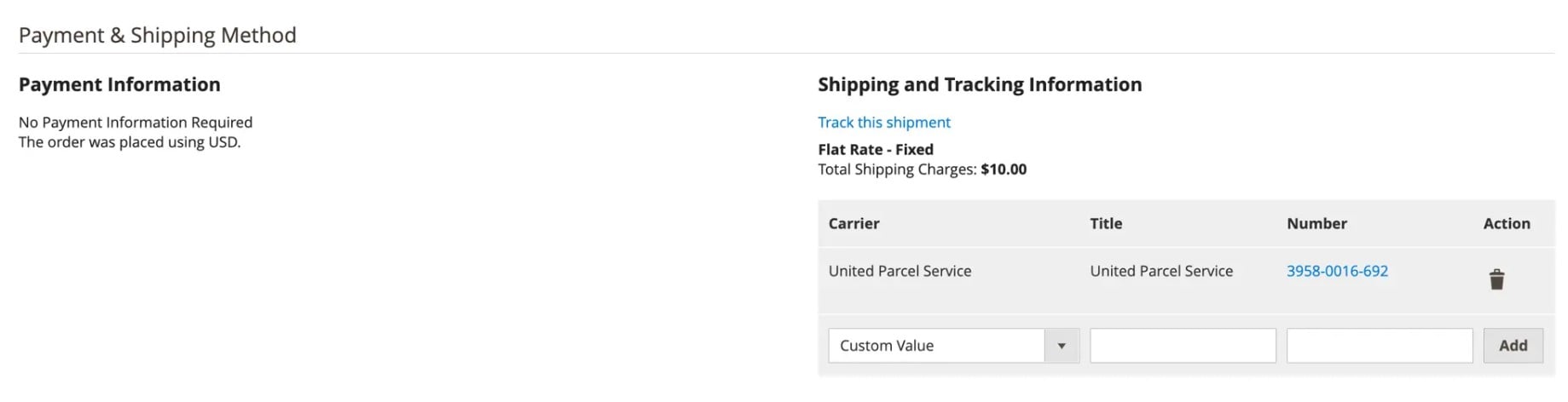 screenshot showing how to Add Tracking Number in Magento 2 admin in a detailed order view