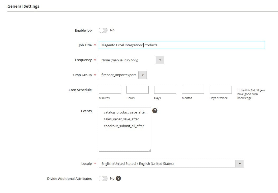 general settings of export job in Improved Import & Export extension that enables Direct Magento Excel Integration