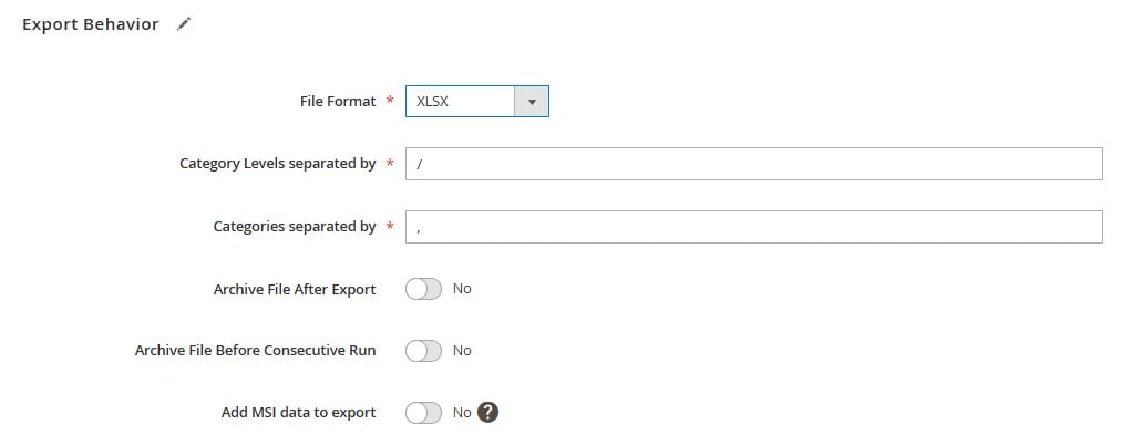 screenshot showing how to enable a Direct Magento 2 Excel integration by selecting XLSX as your export file format in IIE extension