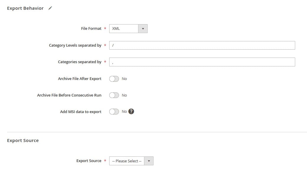 Export behavior and source for product export in XML from Magento 2 with IIE: you can select XML as your export format here