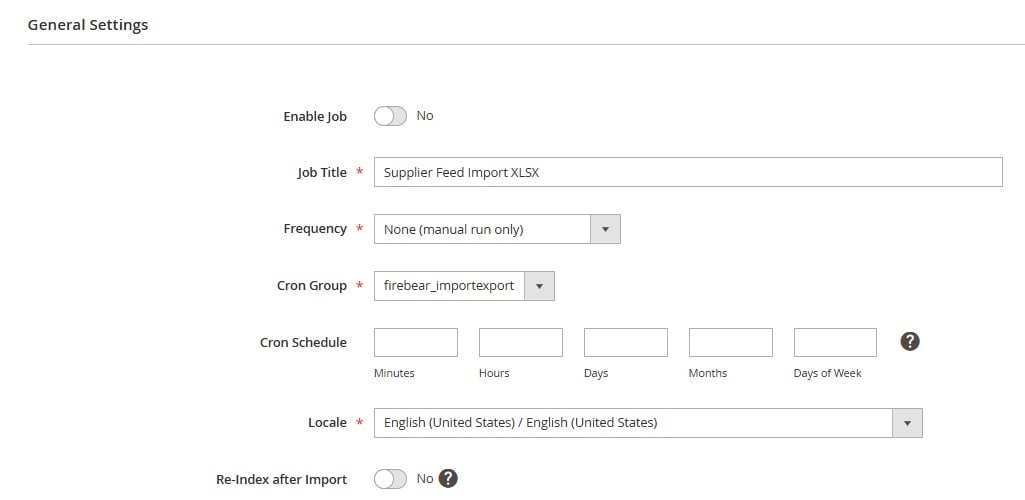 General settings of Supplier Feed Import XLSX - Magento Excel integration with Improved Import & Export extension