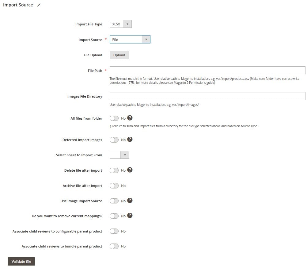 sxcreenshot of Import Source and file type selection with XLSX selected as your import format to enable direct Excel to Magento 2 product import