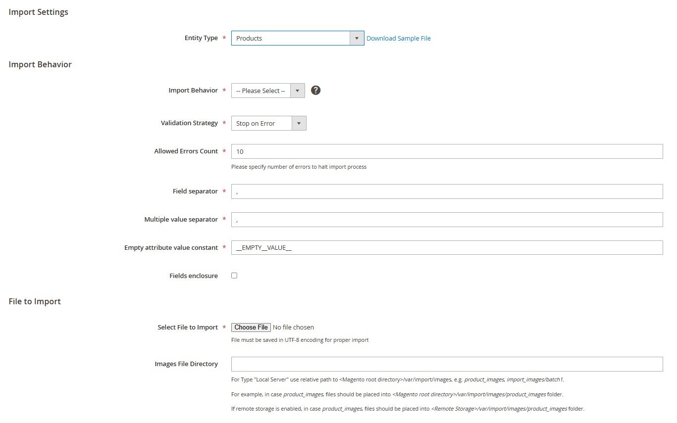Standard Magento 2 import worflow for products in the admin