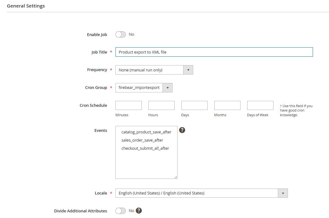 general settings of the Magento 2 product export to XML with IIE