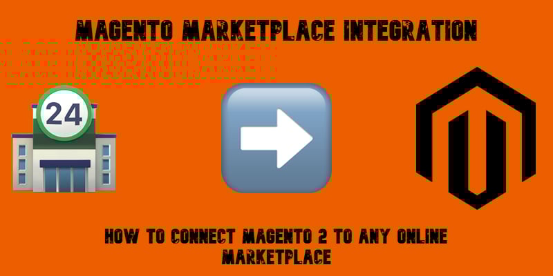 illustrative image for the Magento Marketplace Integration Guide with emojis, magento logo, and text on orange background