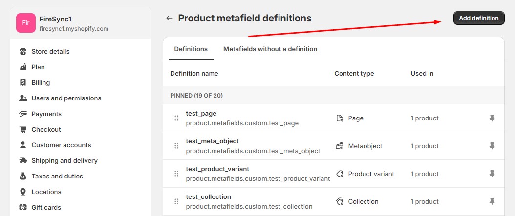 shopify metafield: add definition