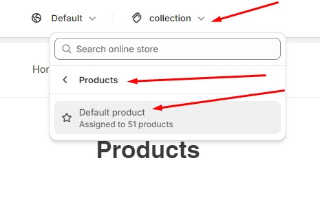 crearte shopify metafields: go to collection -> products -> defaulkt products