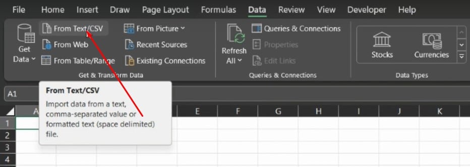 screenshot showing how to import CSV in In Excel: go to Get Data → From Text/CSV and select your Magento CSV