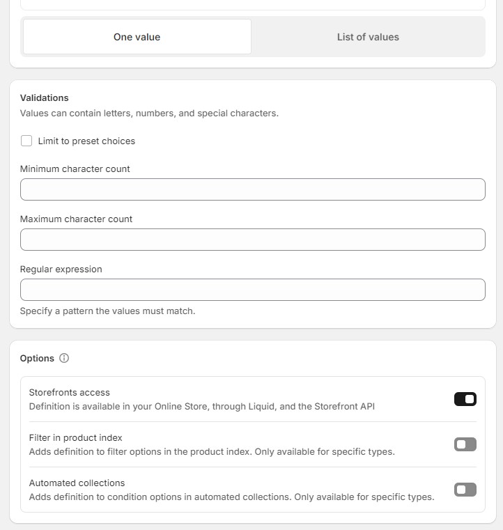 shopify metafield: configure other parameters