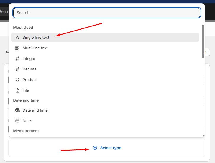 shopify metafield: select definition type