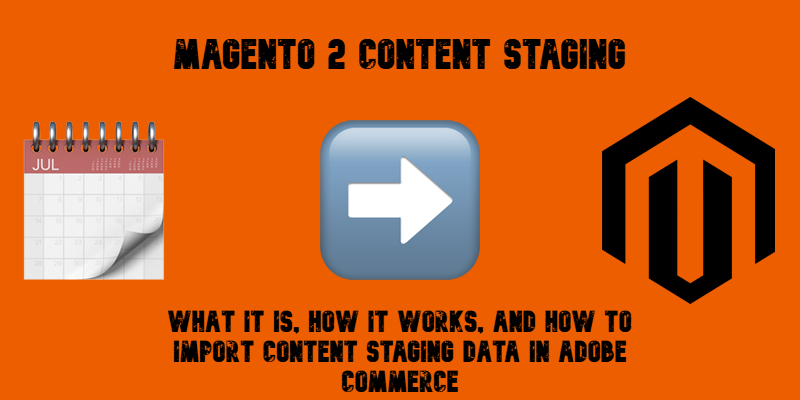illustrative image for the "Magento 2 Content Staging Guide for Adobe Commerce" with emojis, text, and magento logo on orange background