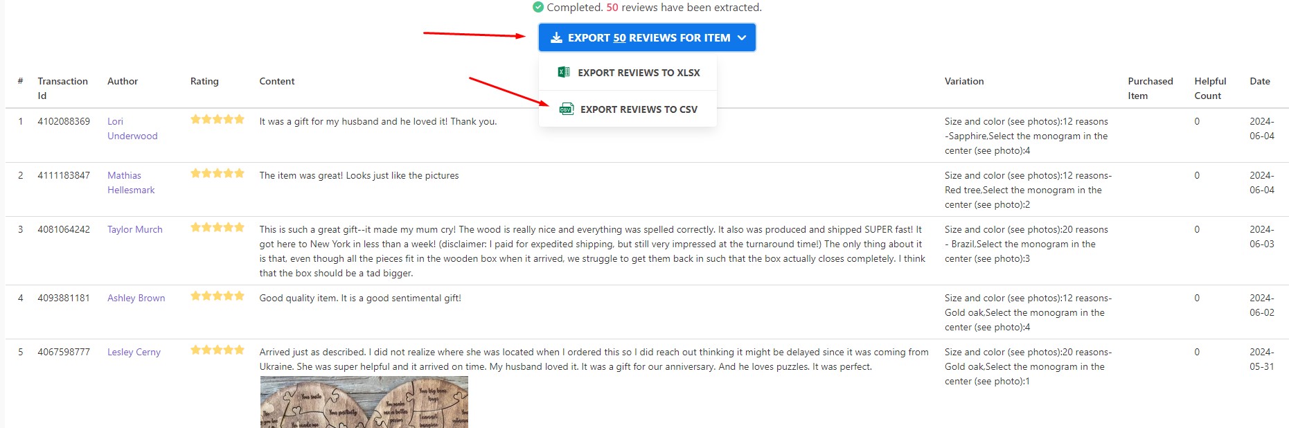 Import Etsy Reviews to Shopify: format selections